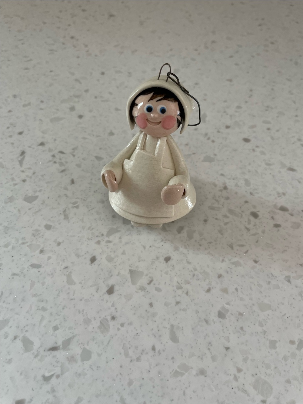 1985 Tempo Craft Articulated Legs Ceramic Lady Bell Christmas Ornament Nurse Vtg